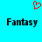 Red pixelated heart symbol above two black text 'Fantasy' words on cyan background.