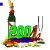 Green '2001' text over a bottle with red ribbon, blue base, and scattered yellow particles; small colored squares move across the top.