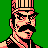 Pixelated 48x48 static icon of a man with mustache wearing striped hat and black sleeveless top against solid green background.