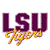 Pixelated graphic with large purple 'LSU' letters above yellow 'Tigers' script on white background.