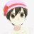 Pixelated anime-style character with short dark brown hair, large brown eyes, and a light pink headband with a red stripe, wearing a light-colored top against a white background.
