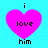Four identical pink heart-shaped icons with black text 'i love him' on a cyan background, arranged in a