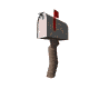 Animated sequence of a mailbox with a red flag, showing multiple states including closed, flag raised, and open with a letter inside.