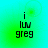 four identical pixelated text icons on a cyan-green gradient background, each displaying 'i luv greg' in black block letters with subtle circular light effects