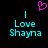 Pixelated cyan text 'Love Shayna' with vertical lines above each word, a pink heart symbol at the top center on black background.