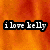 Pixelated text 'i love kelly' in white letters on a black rectangular background, set against an orange and red gradient backdrop.