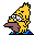 Pixelated yellow character with brown nose and blue shoes, shown in multiple poses including side views and partial angles against gray background.