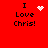 Red background with black text "I Love Chris!" and four distinct pixelated heart symbols in different states.