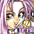 Pixelated close-up of a character with purple hair and golden eyes, wearing a yellow and white outfit with a purple background, featuring the text 'iris' at the bottom.