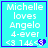 Pixelated cyan background with white text reading "Michelle loves Angelo 4-ever <3 146" and a blue heart symbol changing from purple to light blue across frames.