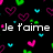 Pixelated text and heart symbols on a black background with animated color changes.