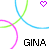 Pixelated graphic with colorful curved lines and two heart symbols above text reading 'GINA' in blocky font.