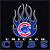 Pixelated static icon featuring a stylized Chicago Cubs logo with blue and red colors, flame-like silver accents above the logo, and partial text below on a black background.