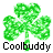 Animated contact sheet of 13 green shamrock icons with varying shapes and pixelation, each labeled "Coolbuddy" below on gray background.