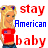 Pixelated static icon featuring a blonde cartoon woman in red crop top with American flag patch, blue jeans, and floral headband, next to bold text reading 'stay American baby' on white background.
