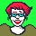 Pixel art character with red hair and blue glasses in multiple expressions against green background