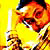 A pixelated icon shows a figure with dark hair and red facial features against a bright yellow background, holding a white object.