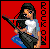 Pixel art contact sheet of a female character playing electric guitar against red background with vertical text, two frames showing slight pose variation.