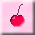 Pixelated cherry icon with brown stem on pink background, overlaid with semi-transparent text fragments.
