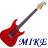 Two red electric guitars with dark necks and light-colored headstocks, positioned diagonally against a white background, with blue pixelated text below.