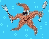 Animated starfish with brown body, black sunglasses, and white eyes holds fork and spoon against blue background with light blue squares.