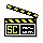 Two pixelated clapperboard icons with yellow and black patterns, one showing an open top arm and the other closed.
