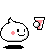 A 4-frame animated contact sheet showing a white pixelated character with pink cheeks and black eyes, holding a red-and-white object that changes position across frames.