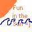 Pixelated static icon with orange gradient background, multicolored text reading 'Fun in the', and blue stylized wave-like symbol over brownish ground elements.