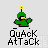 Green cartoon character with yellow beak and antenna, arms outstretched, text below reads 'Quack Attack' in pixelated font.