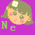 Pixelated avatar with green hair, white flower, and pink cheeks on purple background, showing two states of text below.