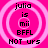 Four identical pink circular icons with concentric rings display text: 'julia is mii BFLL NOT urs' in black pixelated font.