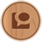 Circular wooden-textured icon with brown L-shaped symbol and circular element on light brown background.