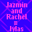 Pixelated text on a blue background with pink geometric patterns, displaying 'Jazmin and Rachel = Iylas' in two identical vertical sections.