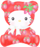 A red strawberry-themed Hello Kitty character with closed eyes and a white bow, wearing a hooded outfit covered in pink strawberries.