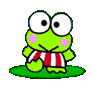 Green cartoon frog with large white eyes and pink cheeks stands on green grass, wearing red-and-white striped shorts.