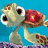 Pixelated cartoon character with large eyes and a red flower-like object on its head against a blue background.