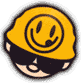 Four animated frames of a cartoon character wearing a yellow hard hat with a smiley face, black sunglasses, and a small dark spot on the cheek across different poses.
