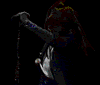 Animated sequence of a person with long hair singing into a microphone, wearing dark clothing and a white shirt against black background.
