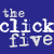 Pixelated white text on solid blue background forming "the click five" in a retro digital style.