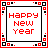 Four pixelated 'Happy New Year' icons arranged in a with red and black text on white backgrounds, bordered by decorative square patterns