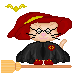 Pixelated cat avatar with red hat and glasses riding broomstick, wearing black robe with yellow emblem on chest.