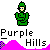 Green pixelated figure with blue eyes and yellow face in multiple poses above pink hills and text reading Purple Hills.