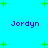 Pixelated blue background with green plus signs and four instances of the name "Jordyn" in dark blue text arranged in a pattern