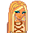 Pixel art character with long blonde hair, blue eyes, and large earrings in three poses showing full body, legs extended, and head-only views.