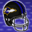 Black football helmet with blue and yellow bird logo, silver face mask on purple background.