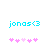 Pixelated text 'jonas<3' in cyan above pink heart symbols on white background, with two variations of heart arrangement.