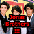 Three men in formal attire stand side-by-side under a red banner with pixelated text reading "Jonas Brothers" and three exclamation marks below.