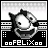 Black-and-white pixelated icon featuring a stylized cartoon cat face with exaggerated features, set against a cityscape background and text elements.