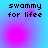 Pixelated text 'swammy for lifee' on a blue-to-pink gradient background with shifting pink circular glows.