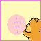 Pixelated cartoon bear in three with pink speech bubbles containing purple text, set against a yellow background